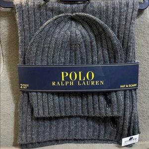 Polo Ralph Lauren 2 Piece Hat & Scarf Set Grey OSFM Lambs Wool Blend NEW